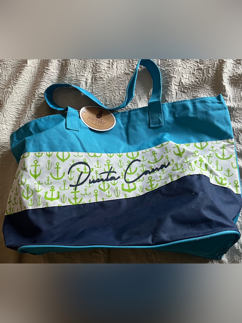 Signature Anchor Print Tote in Teal and Navy